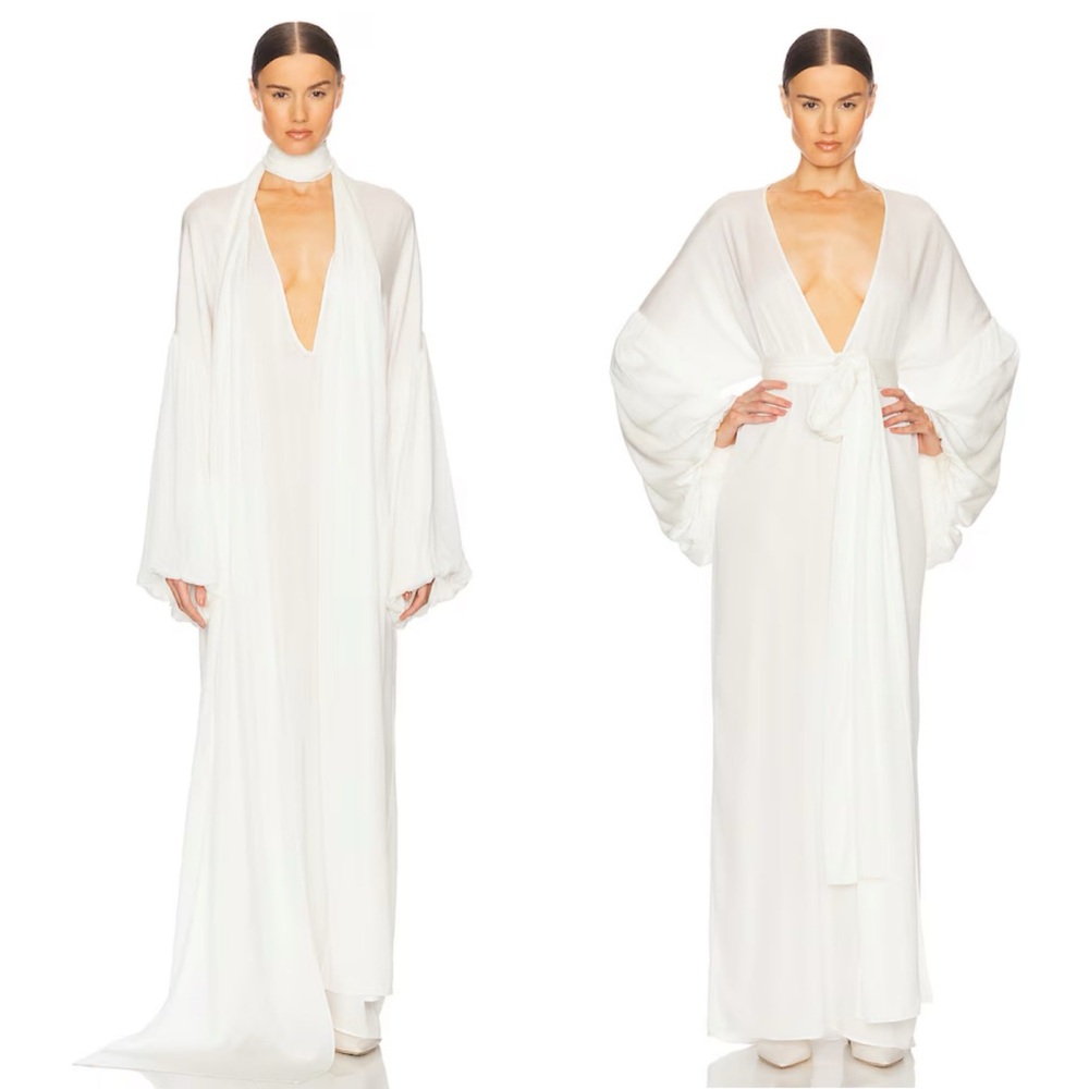 HELSA Serafina Silk V-Neckline Maxi Dress Detachable Scarf White NEW with tags - Picture 2 of 10